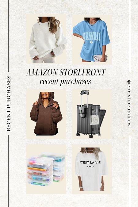 Recent purchases in my Amazon storefront 🖤 I’m obsessed with this new carry on suit case that has an outer pocket for my laptop and a cup holder for my drink 🙌🏼

Fall outfits; graphic tee; free people dupe jacket; white sweater; organization boxes; free people pull over dupe; oversized tshirt; graphic tshirt; amazon fashion; amazon find; christine andrew 

#LTKtravel #LTKstyletip #LTKfindsunder50