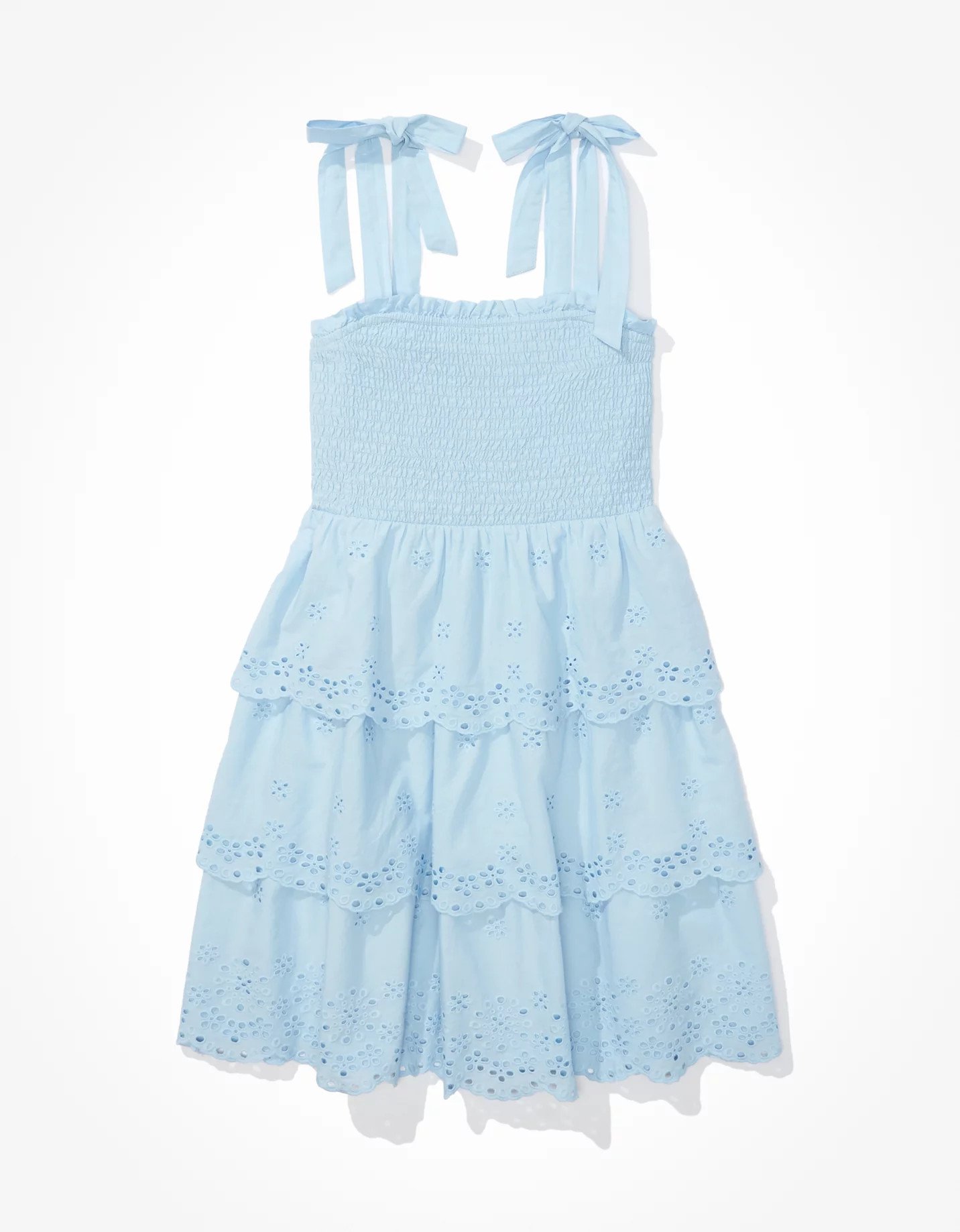 AE Solid Eyelet Smocked Mini Dress | American Eagle Outfitters (US & CA)