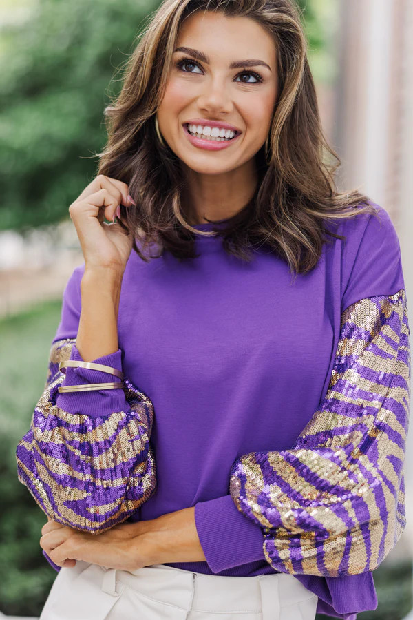 First In Line Purple Tiger Sequin Blouse | The Mint Julep Boutique