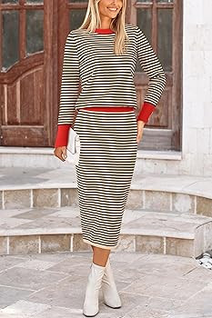 PRETTYGARDEN Women's 2 Piece Striped Sweater Set Casual Fall Long Sleeve Knit Pullover Midi Skirt... | Amazon (US)