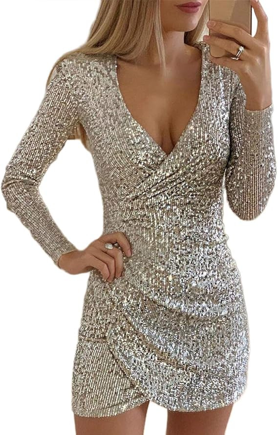 DUBACH Women Fashion V-Neck Surplice Wrap Ruched Sequins Bodycon Dress | Amazon (US)