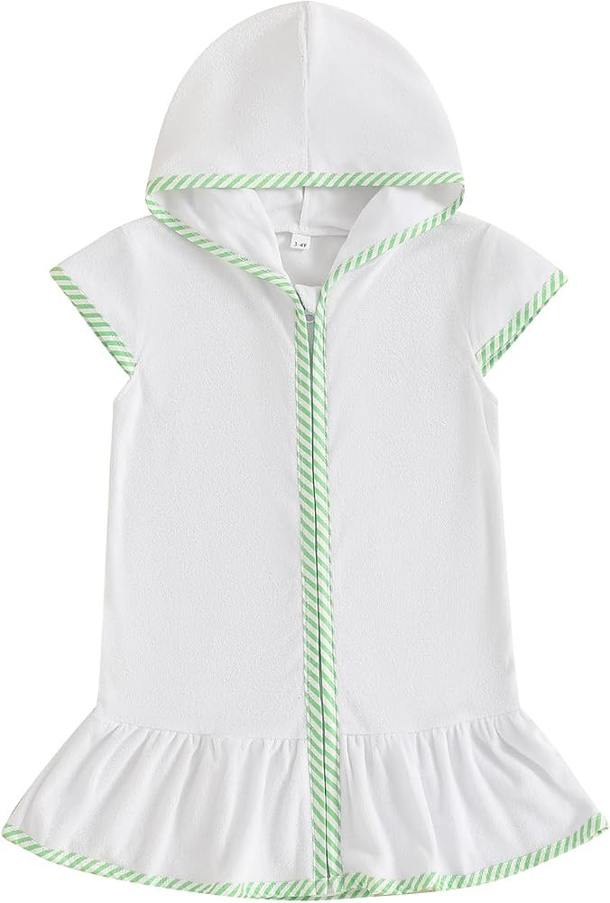 Girls Hooded Terry Coverups One Piece Swimsuits Beach Stripe Trim Zip Up Fly Sleeve Swim Cover Up... | Amazon (US)