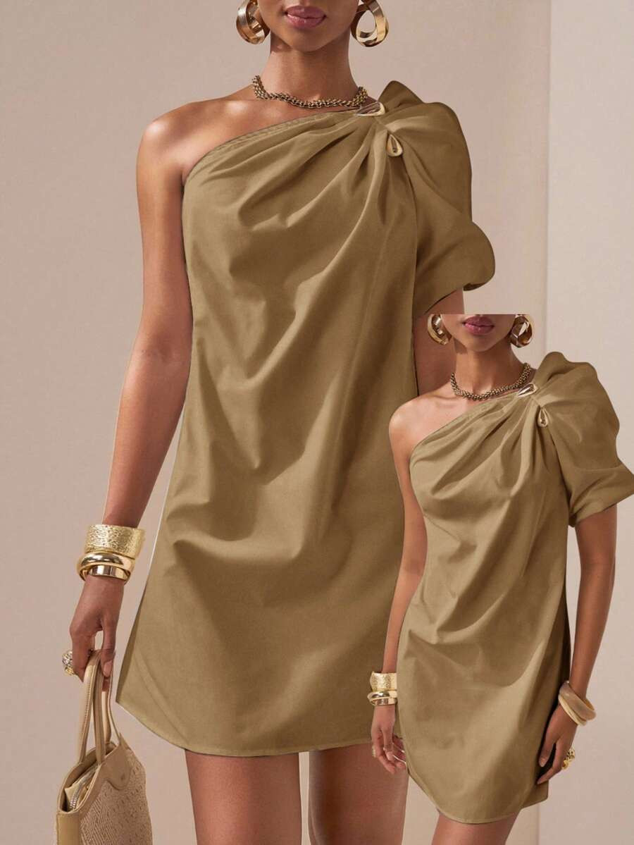 Zivah Elegant Summer Khaki Asymmetric Ruched Puff Sleeve Short Dress For Brunch,Music Festival,Ea... | SHEIN