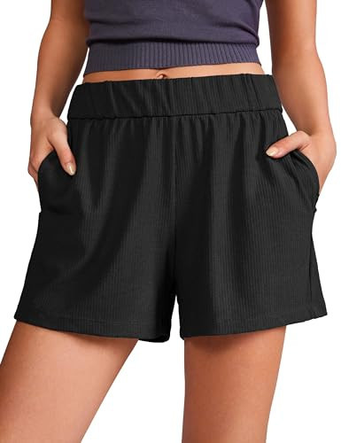 CRZ YOGA Comfy Ribbed Sweat Shorts for Women High Waisted Lyocell for Casual Lounge Athletic Jersey with Pockets Black Medium | Amazon (US)