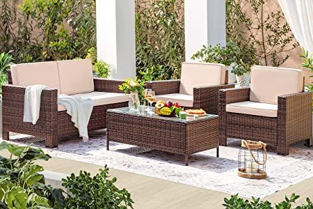 Homall 4 Pieces Outdoor Patio Furniture Sets Rattan Chair Wicker Conversation Sofa Set, Indoor Ba... | Amazon (US)