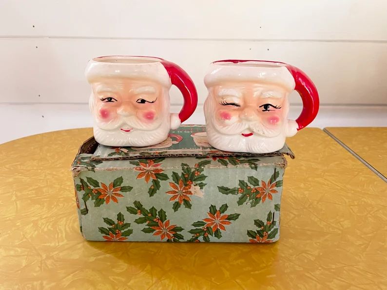 Set of 2 vintage Santa mugs in their original box | made in Japan | winking | jolly Santa mugs | ... | Etsy (US)