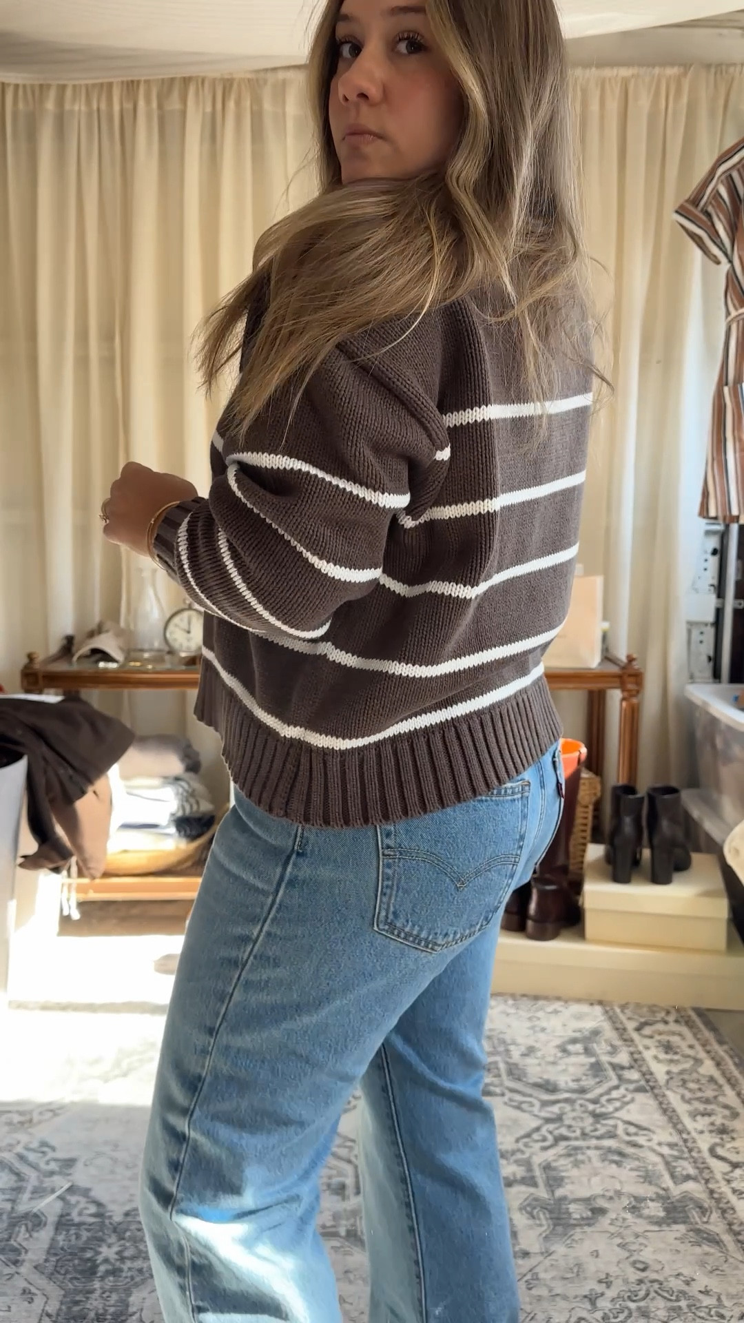 Quince cotton sweater brown stripe
Levis 501 90s petite jeans and regular

Velvet shoes
Hazel tuckernuck
Madewell leather tote bag 
Amazon sunglasses 
Holiday party outfit casual 

#LTKParties #LTKPetite #LTKHoliday