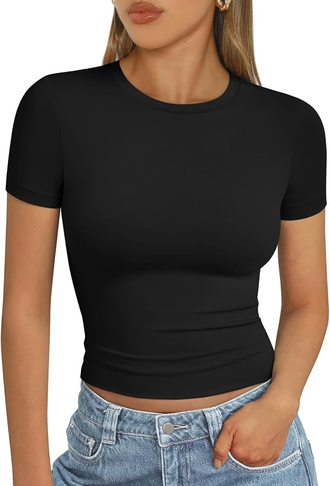 AUTOMET Womens Short Sleeve T Shirts Basic Summer 2025 Workout Tops Crew Neck Gym Crop Tops Trend... | Amazon (US)