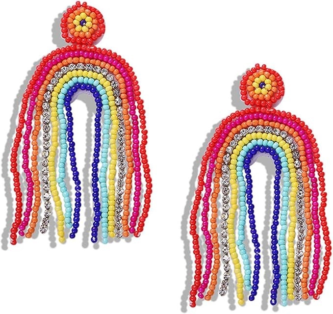 Statement Beaded Drop Earrings Handmade Flamingo Lobster Goldfish Dangle Earrings Rainbow Beaded ... | Amazon (US)