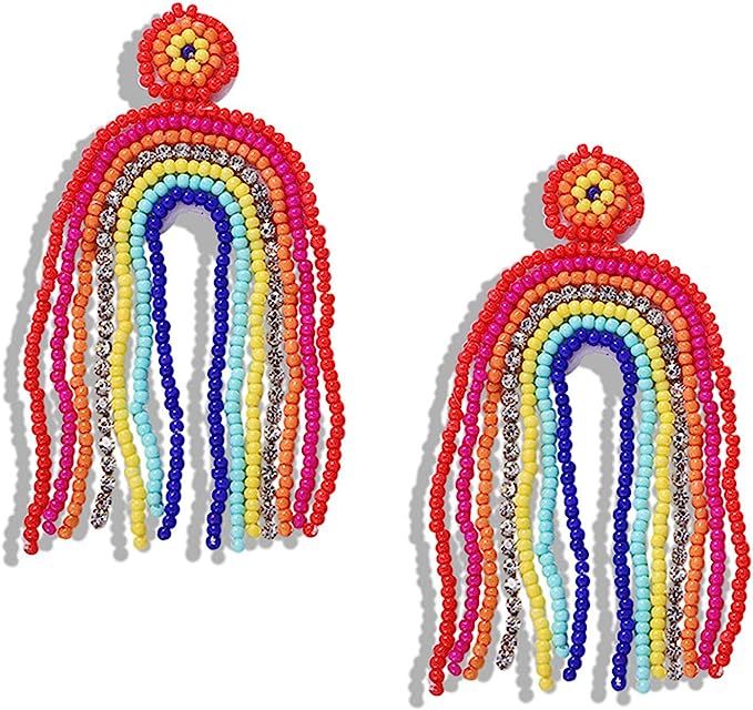 Statement Beaded Drop Earrings Handmade Flamingo Lobster Goldfish Dangle Earrings Rainbow Beaded ... | Amazon (US)