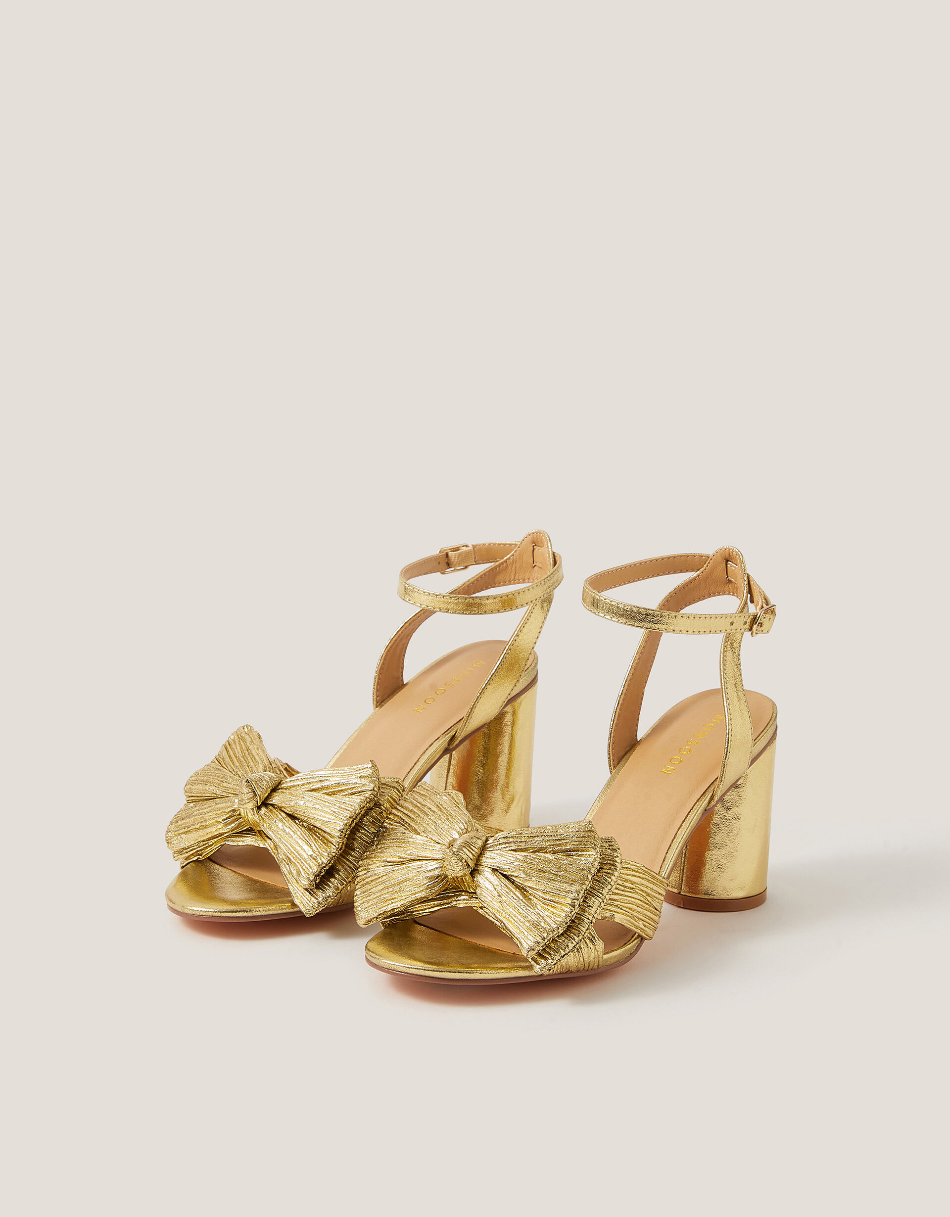 Metallic Bow Block Heel Sandals Gold | Monsoon (UK)