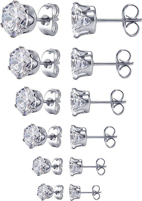 Jstyle Jewelry Women's Stainless Steel Round Clear Cubic Zirconia Stud Earring (6 Pairs) | Amazon (US)