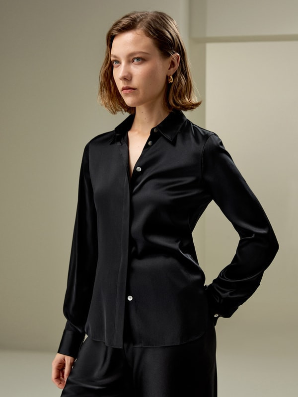 LILYSILK Silk Button Up Shirt Womens - Black Quality Silk - Fashionable Yoke Shoulder Shirt M | LILYSILK