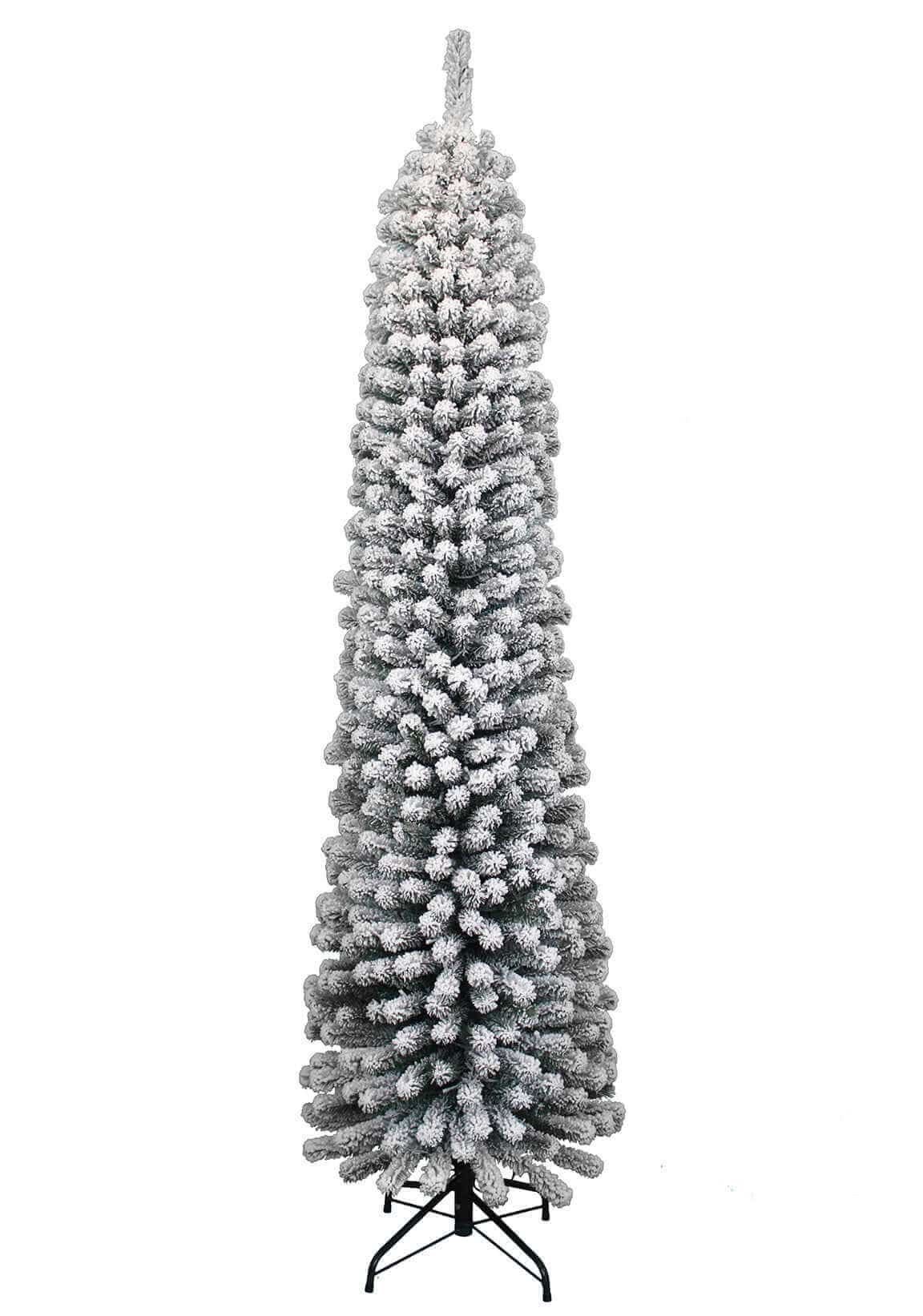 8' Prince Flock Pencil Artificial Christmas Tree with 300 Warm White LED Lights | King of Christmas