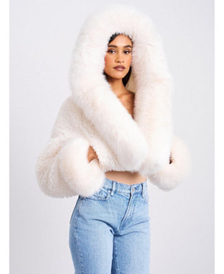 Miss Circle Women's Kali White Cropped Faux Fur Jacket With Hood - Macy's | Macy's