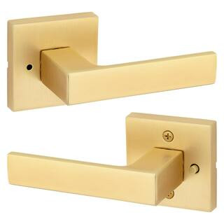 Kwikset Singapore Satin Brass Square Bed Bath Door Handle with Lock Featuring Microban Antimicrob... | The Home Depot