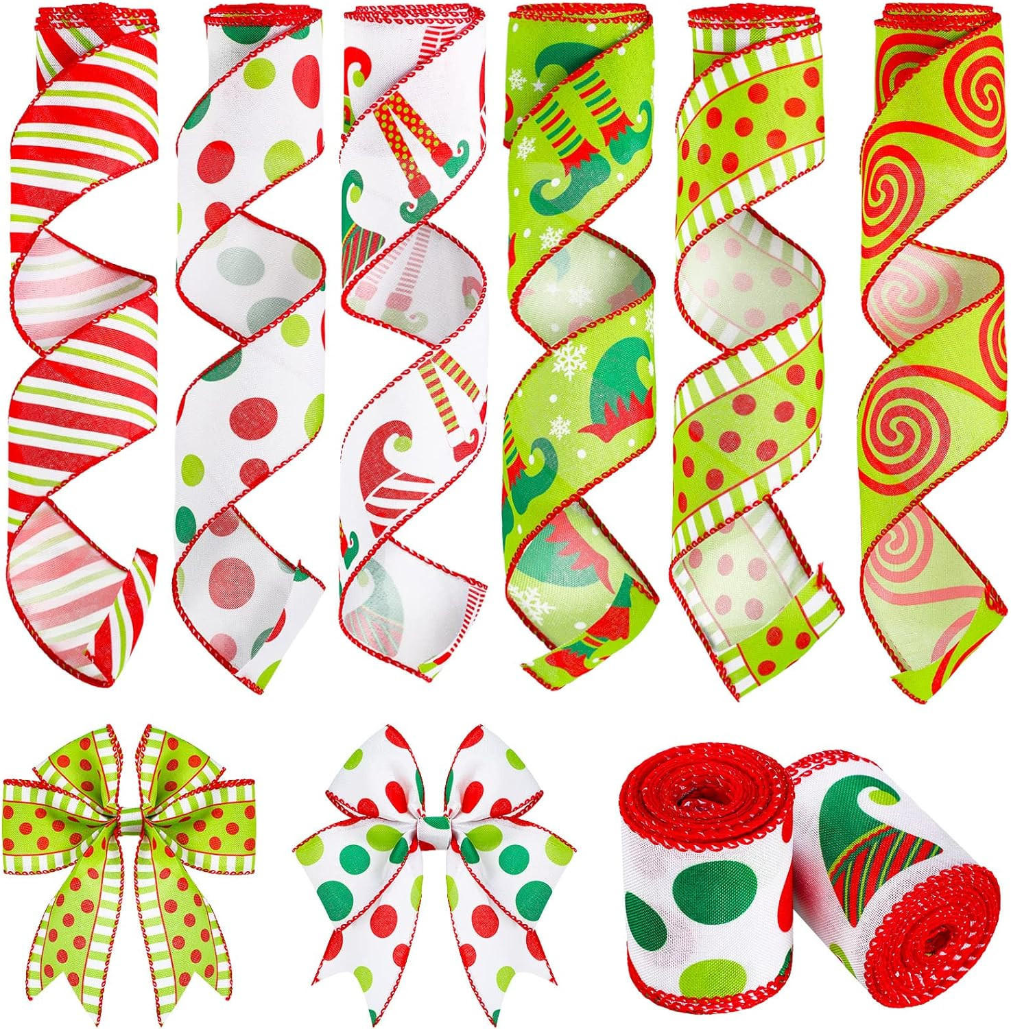6 Rolls 30 Yards Christmas Wired Edge Ribbon Elf Hats and Legs Multi Dots Swirl Diagonal Stripe R... | Amazon (US)