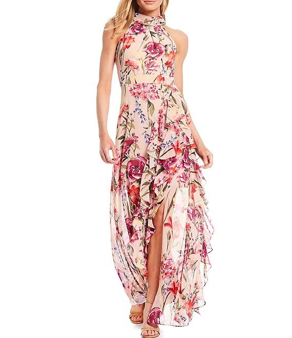 Halter Neck Floral Print Chiffon Sleeveless Side Slit Cascade Ruffle Maxi Dress | Dillards