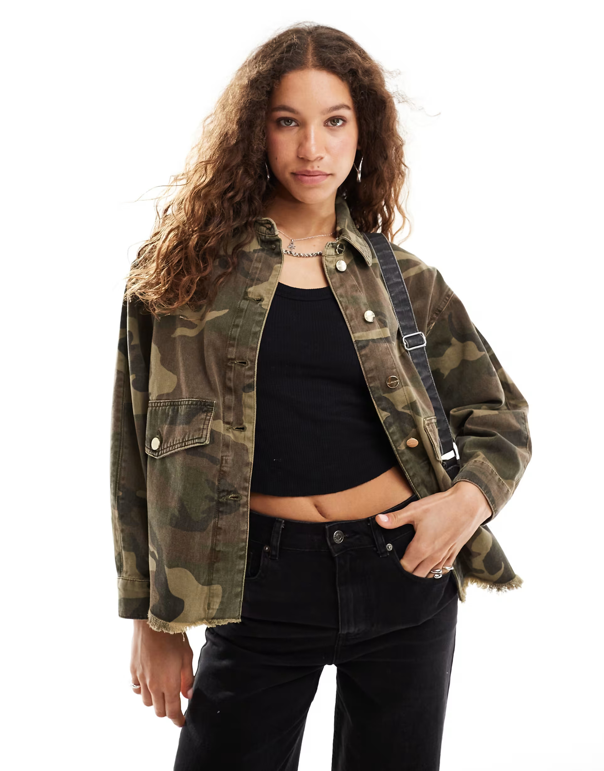 AllSaints Hettie shacket in green camo | ASOS (Global)