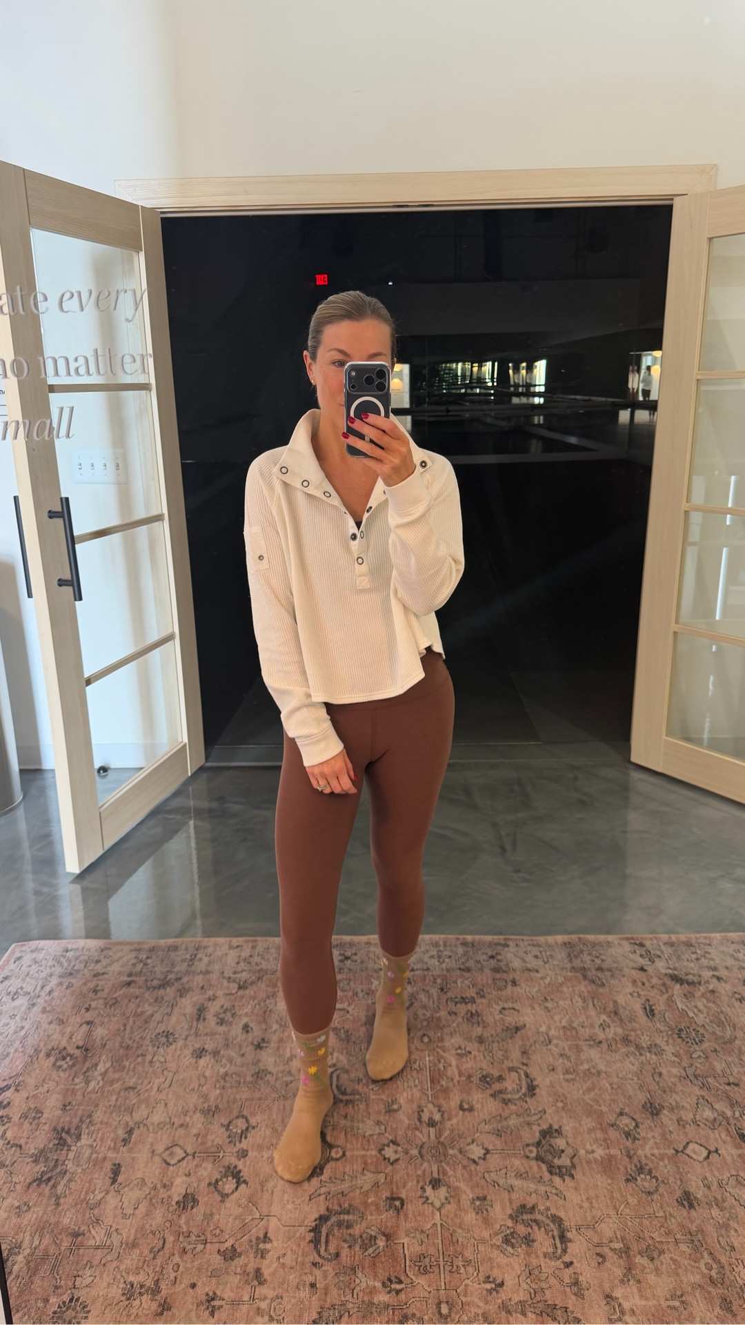 Free People ribbed Henley. Wearing a size small. Beyond Yoga matching set. 

#fitness #barre #yoga #matchingset 

#LTKFindsUnder100 #LTKootd #LTKActive