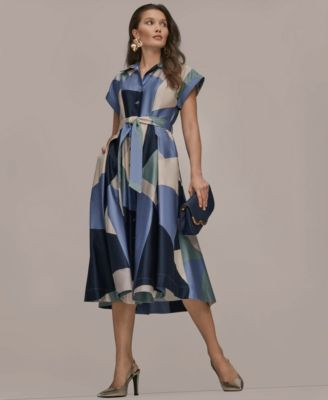 Donna Karan New York Womens Cap Sleeve Spread Collar Geometric Colorblock Midi Shirt Dress | Macy's