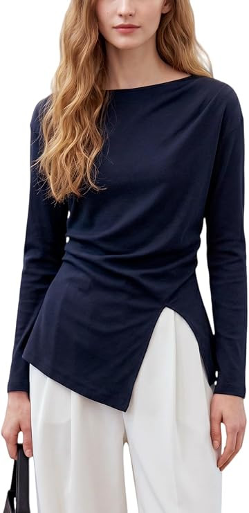 Asymmetrical Tops for Women Boat Neck Cinched Waist Long Sleeve Shirt | Elegant Boat Neckline, Ch... | Amazon (US)