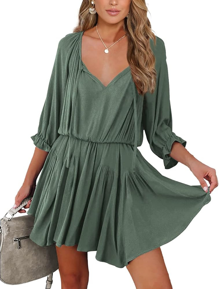 BTFBM Women Casual Summer Dresses Ruffle 3/4 Sleeve Tie V Neck High Waist Solid Soft Cute Short Flow | Amazon (US)