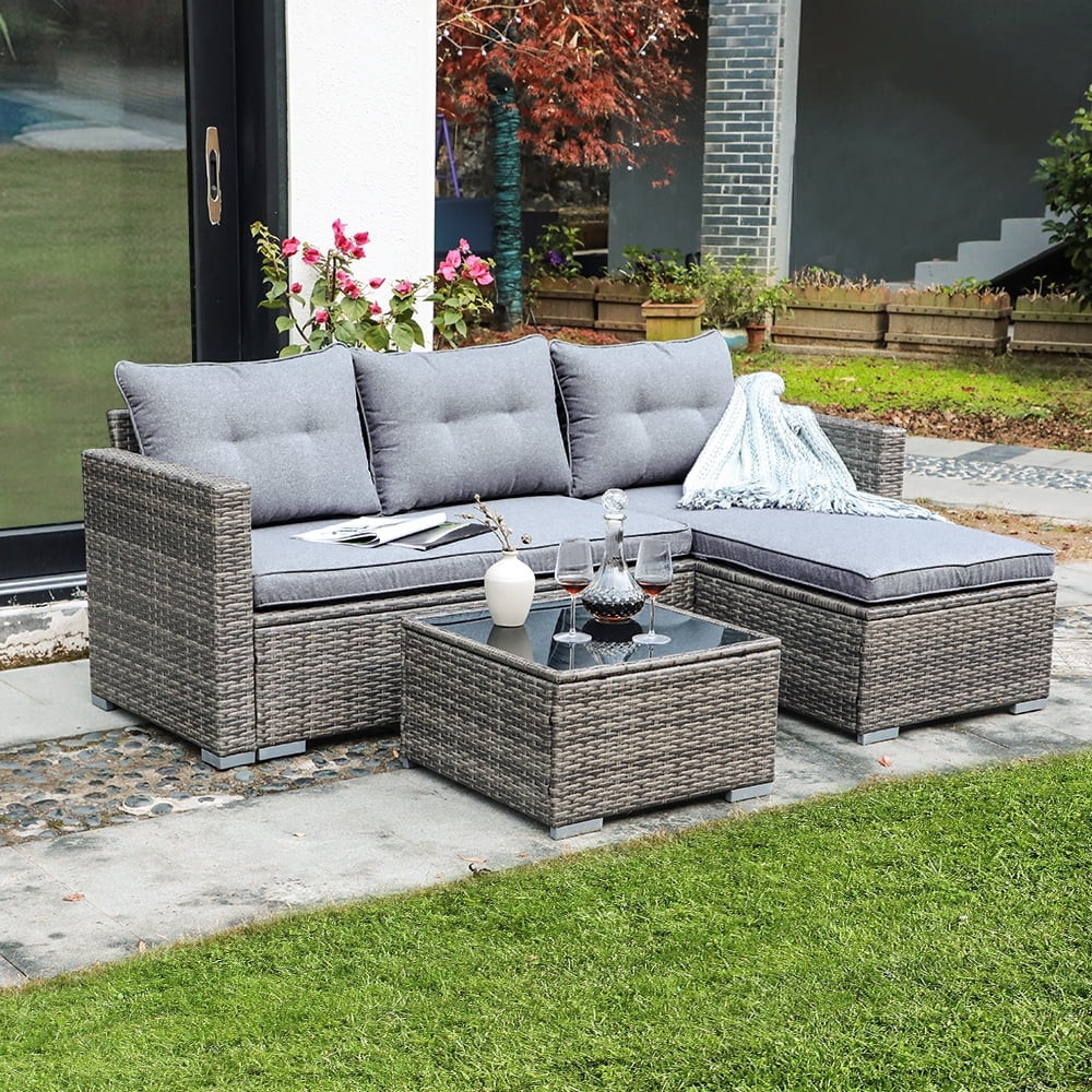 JOIVI 3 Pieces Patio Conversation Set, PE Wicker Rattan Outdoor Furniture Set, 2 Ways Small Secti... | Walmart (US)