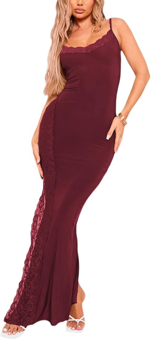 Women's Spaghetti Strap Maxi Dress Sexy Lace Split Side Long Cami Dresses | Amazon (US)