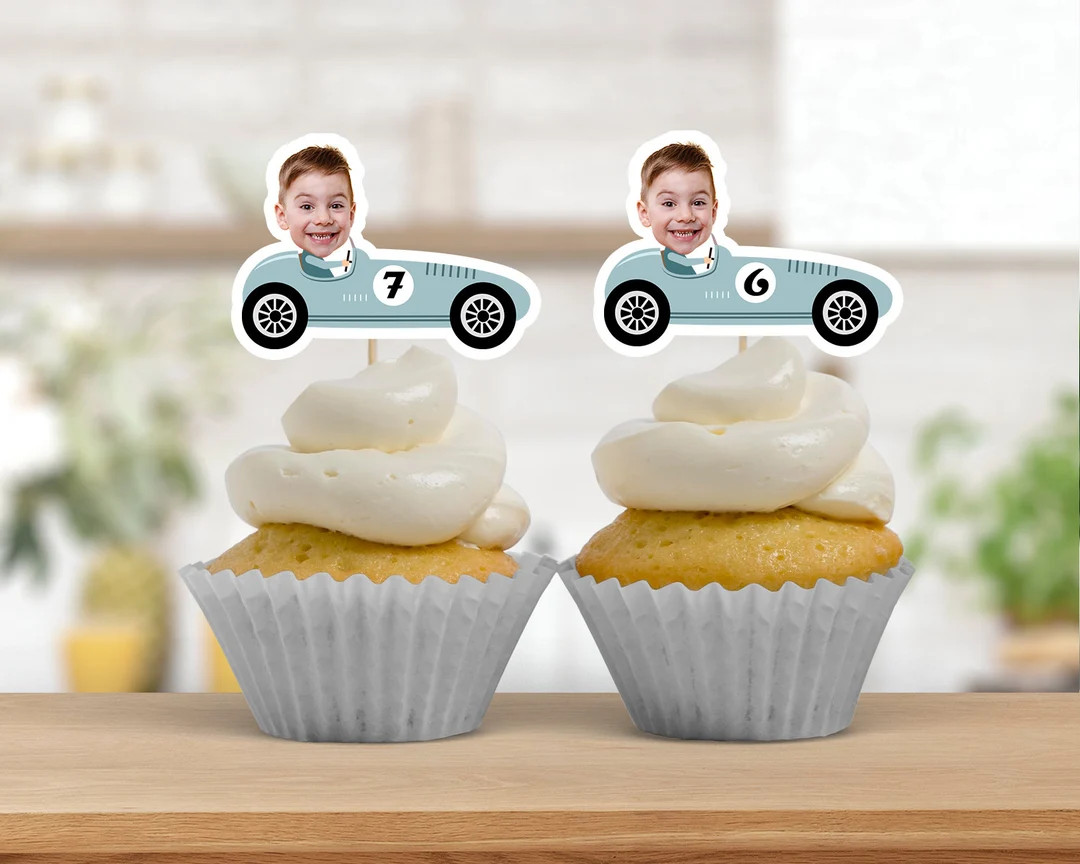 Race Car Photo Cupcake Toppers, Face Cupcake Toppers, Personalized Blue Vintage Car Cupcake Toppe... | Etsy (US)