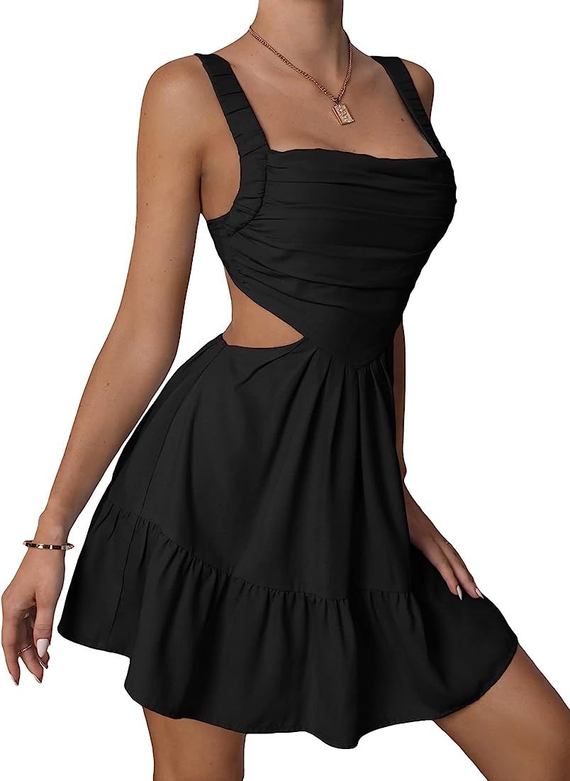 OYOANGLE Women's Cut Out Ruched Sleeveless Backless Ruffle Hem Short Cami Dress | Amazon (US)