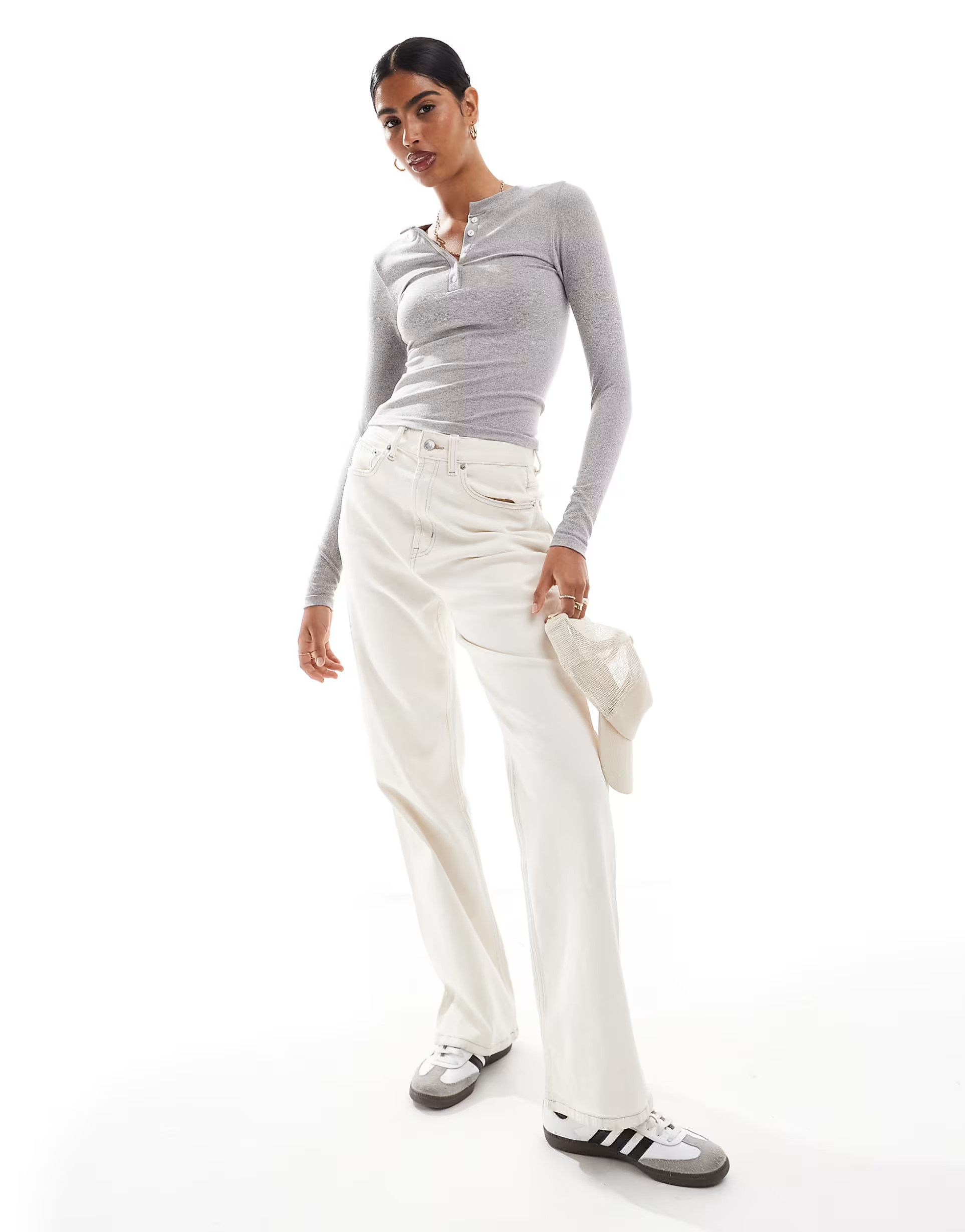 ASOS DESIGN seamless sculpting henley long sleeve top in grey marl | ASOS (Global)