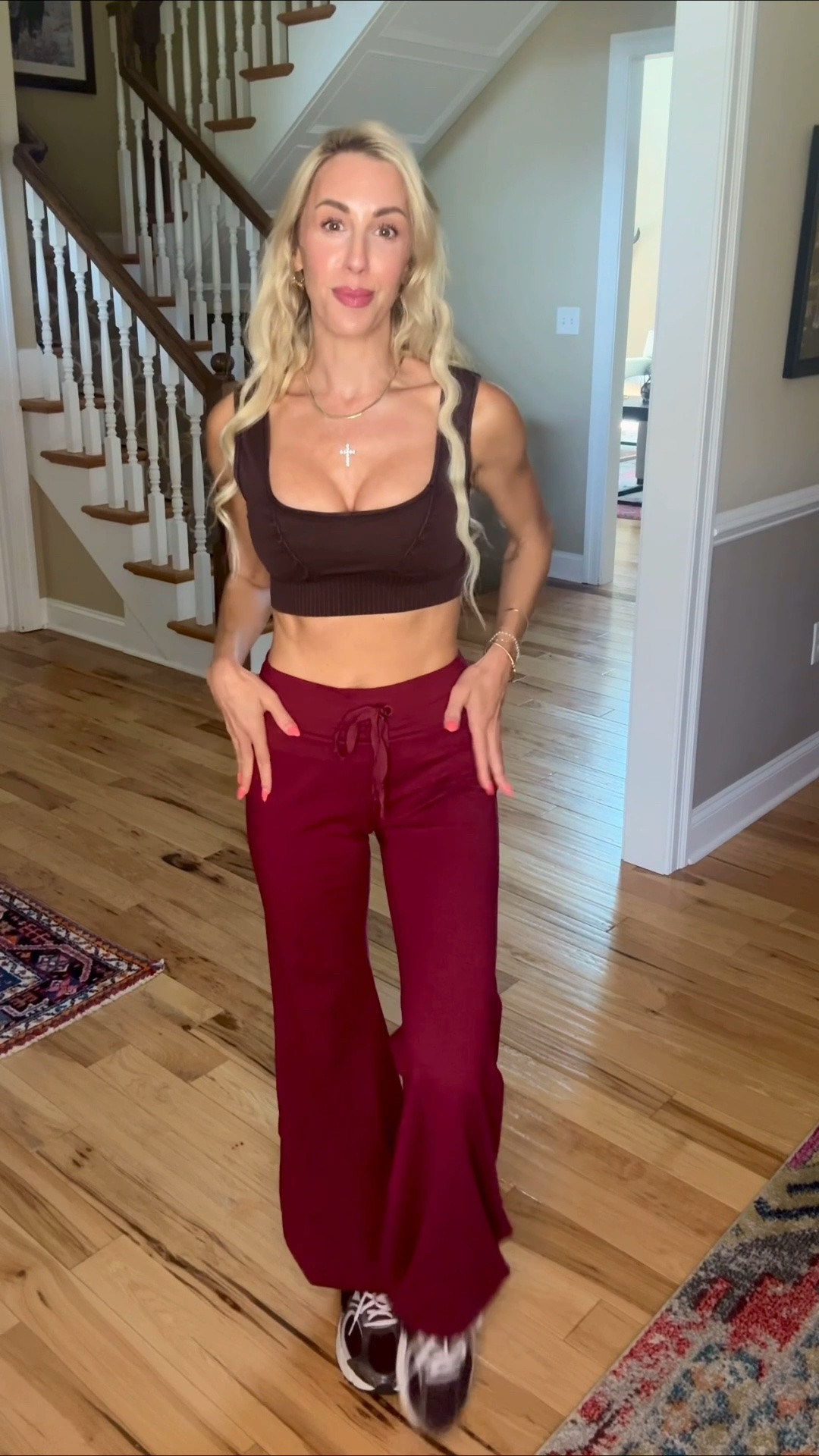 Obsessed with this chocolate + burgundy combo from ￼ - the little scoop neck bra top + the bubble hem pants are SO soft and easy to wear. I paired it with my burgundy @Nike US with the silver detail. @dickssportinggoods

#LTKfitnessgoals #LTKSeasonal #LTKActive