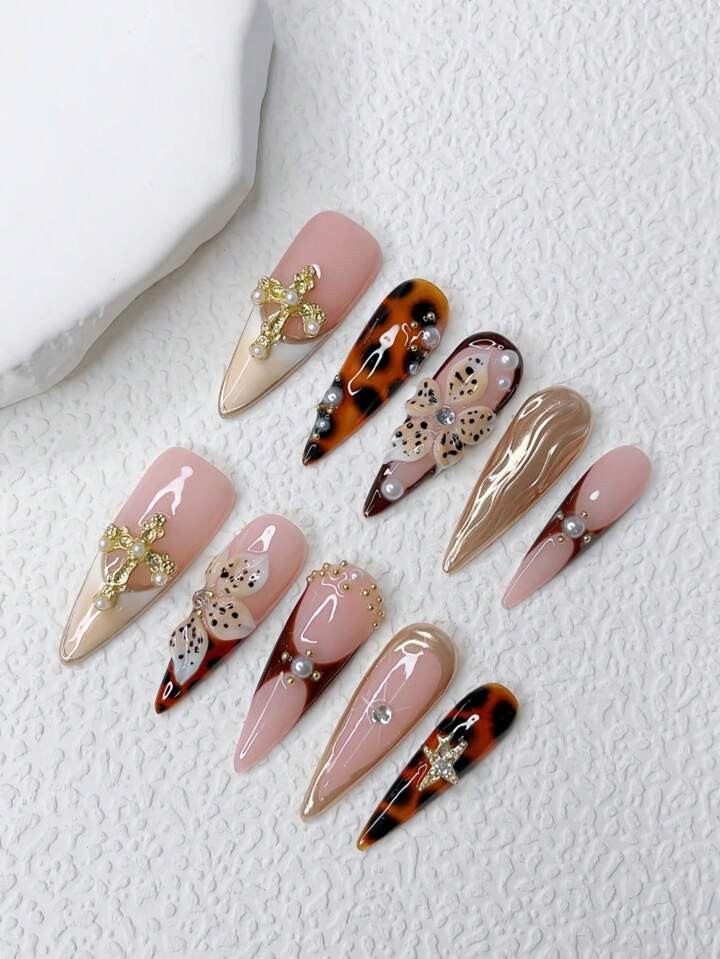10pcs Extra Long Nails Y2K White French Style & Versatile 3d DIY Handmade Flowers & Asymmetric Leopard Print & White Pearl Gold Accessories And Gold 3D Wave Nail Art Decoration, 1pc Jelly Gel And 1pc Nail File, Perfect For Daily Life And Coachella Party Outfits Press On Acrylic Nails Nail Supplies | SHEIN
