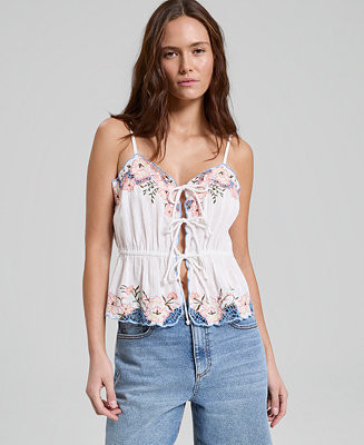 Women's Cotton Embroidered Tie-Front Peplum Tank Top, Macy's Exclusive | Macy's