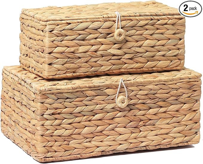Set of 2 Rectangular Wicker Storage Bins with Lid, Rattan Basket Decorative Boxes, Multipurpose O... | Amazon (US)