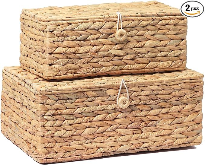 LUSYDECO Pack of 2 Large Rectangular Wicker Storage Bins with Lid, Rattan Basket Decorative Boxes... | Amazon (US)