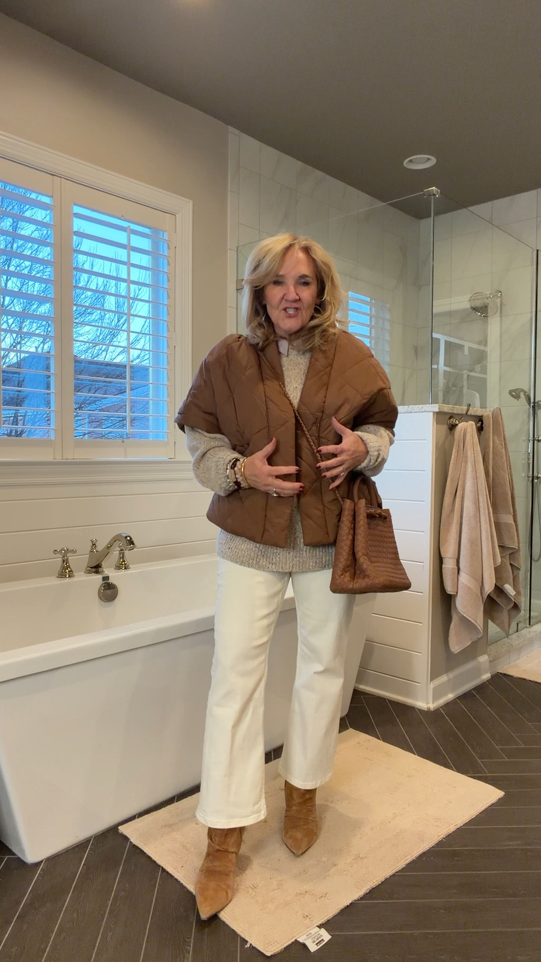 @jcrew sweater size medium 
Anthro blouse size medium 
Jeans size up 2 sizes!!! I’m in a 12. 
Vest size medium Anthro blouse
Bag this is the large 
Boots I size up 1/2 size
Allie & Bess jewelry 20% off code NANETTE20
Ecru jeans brown vest Amazon best neutral outfit 

#LTKOver40 #LTKPetite #LTKSaleAlert