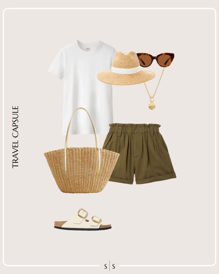 Summer Vacation Travel Capsule Wardrobe outfit idea | white tee, olive shorts, straw tote bag, slip on sandals, straw sun hat, coin necklace, sunglassess

See the entire Summer Vacation Travel Capsule Wardrobe on thesarahstories.com ✨ 


#LTKStyleTip