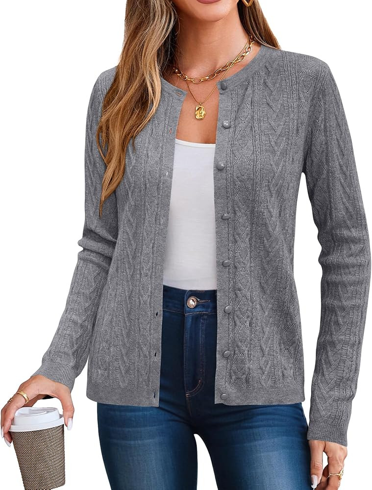 Arach&Cloz Womens 2025 Cable Knit Cardigan Long Sleeve Button Down Casual Sweater Lightweight Cre... | Amazon (US)