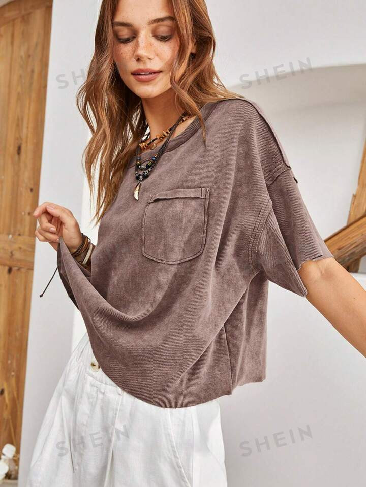 SHEIN BohoFeels Ladies" Solid Color Patch Pocket Loose Fit Casual T-Shirt With Round Neck For Sum... | SHEIN