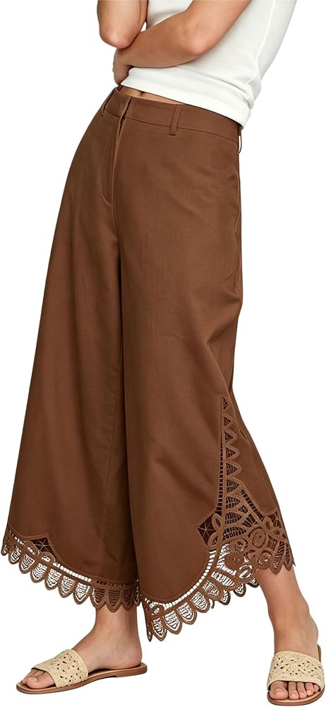Bankeng Womens Button Up High Waisted Lace-Hem Wide Leg Pants | Amazon (US)