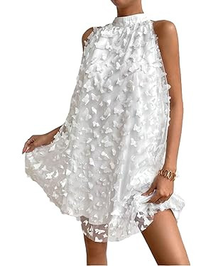Women Halter Neck Mini Party Dress Sleeveless Butterfly Appliques Mesh Tulle Loose Fit Flowy Flar... | Amazon (US)