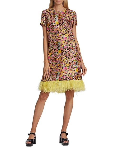 Swing Floral-Print & Feather-Hem Minidress | Saks Fifth Avenue