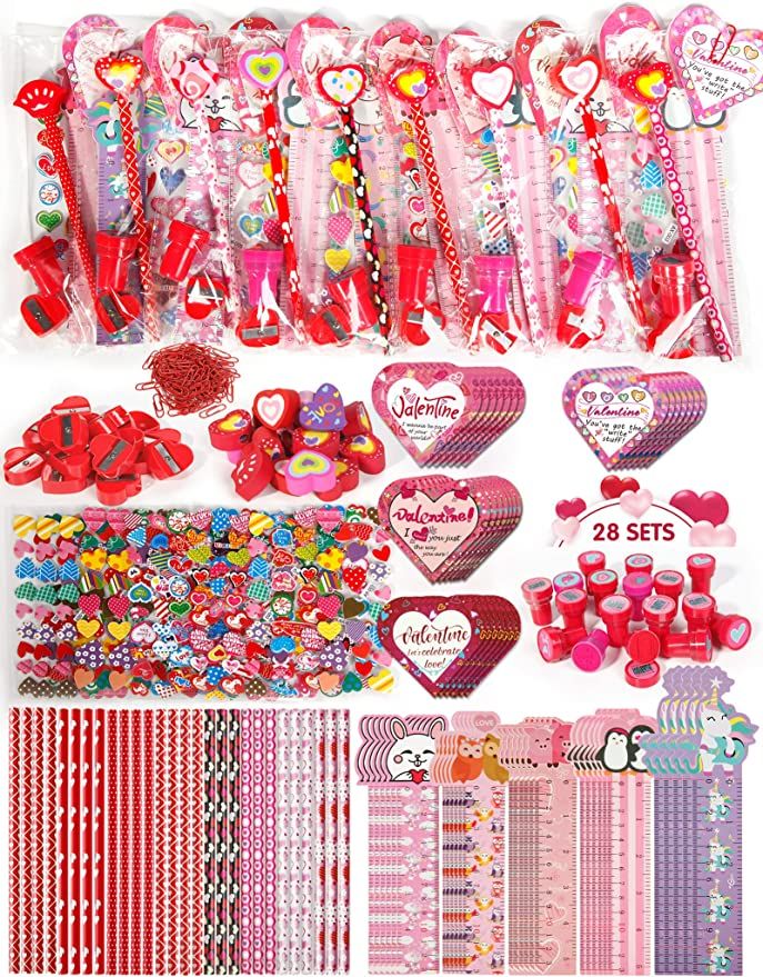 Valentine Gifts for Kids School, 28 Packs Stationery Set from Teachers to Students, Valentines Ki... | Amazon (US)