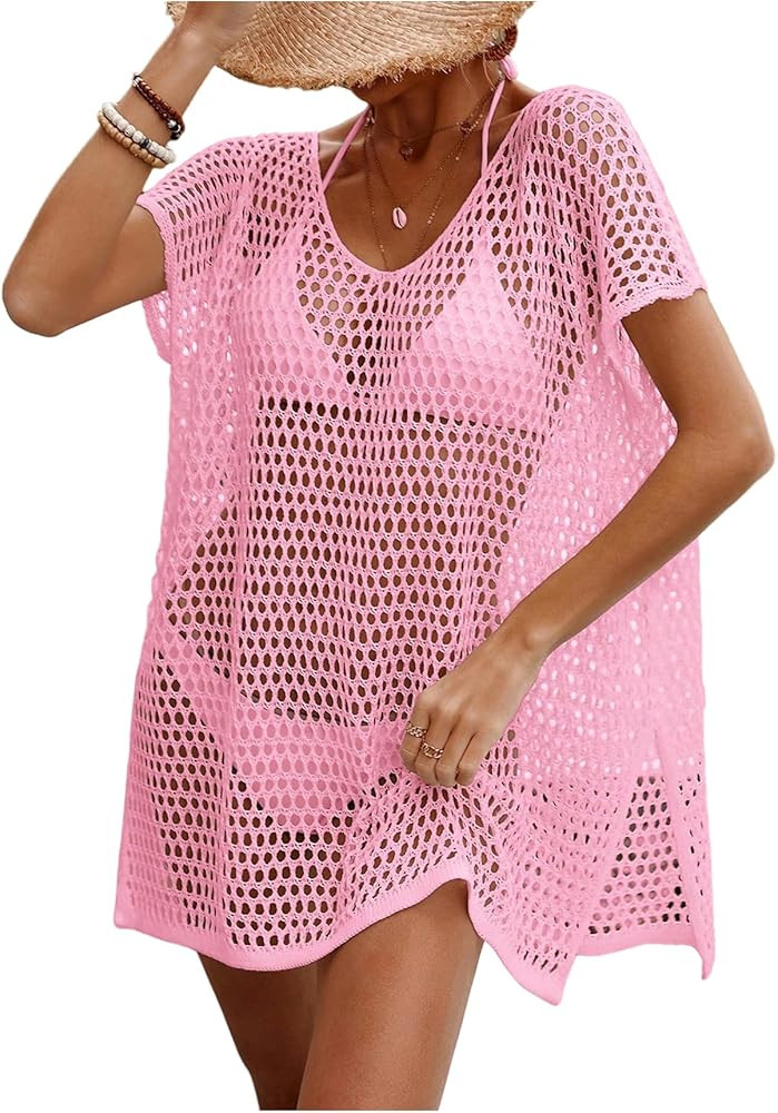 SHENHE Women's Crochet Swimsuit Coverup Hollow Out Short Sleeve Knit Dress Swim Cover Up Pink Sma... | Amazon (US)