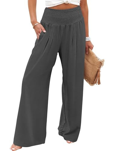 ANRABESS Women Palazzo Pants Summer Flowy Wide Leg High Waist Lounge Trousers with Pockets 2026 Casual Beach Vacation Outfits Dark Gray XX-Large | Amazon (US)