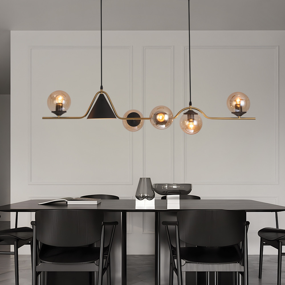 6-Light Gold & Black Geometric Rectangular Kitchen Island Light Globe Ceiling Light | Homary