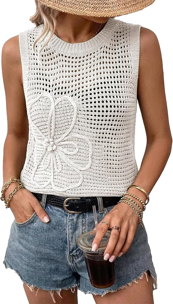 Women Summer Crochet Tank Tops Crewneck Sleeveless Hollow Out Knit Flower Sweater Vest Top Trendy... | Amazon (US)