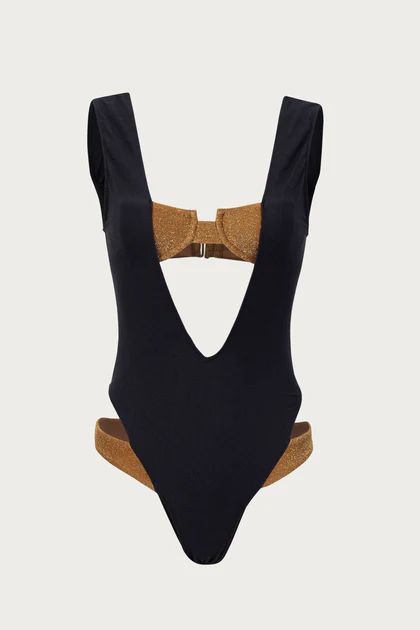 V Double Layer One Piece (Faux Suede Black/Mocha Shimmer Lurex) | SAME